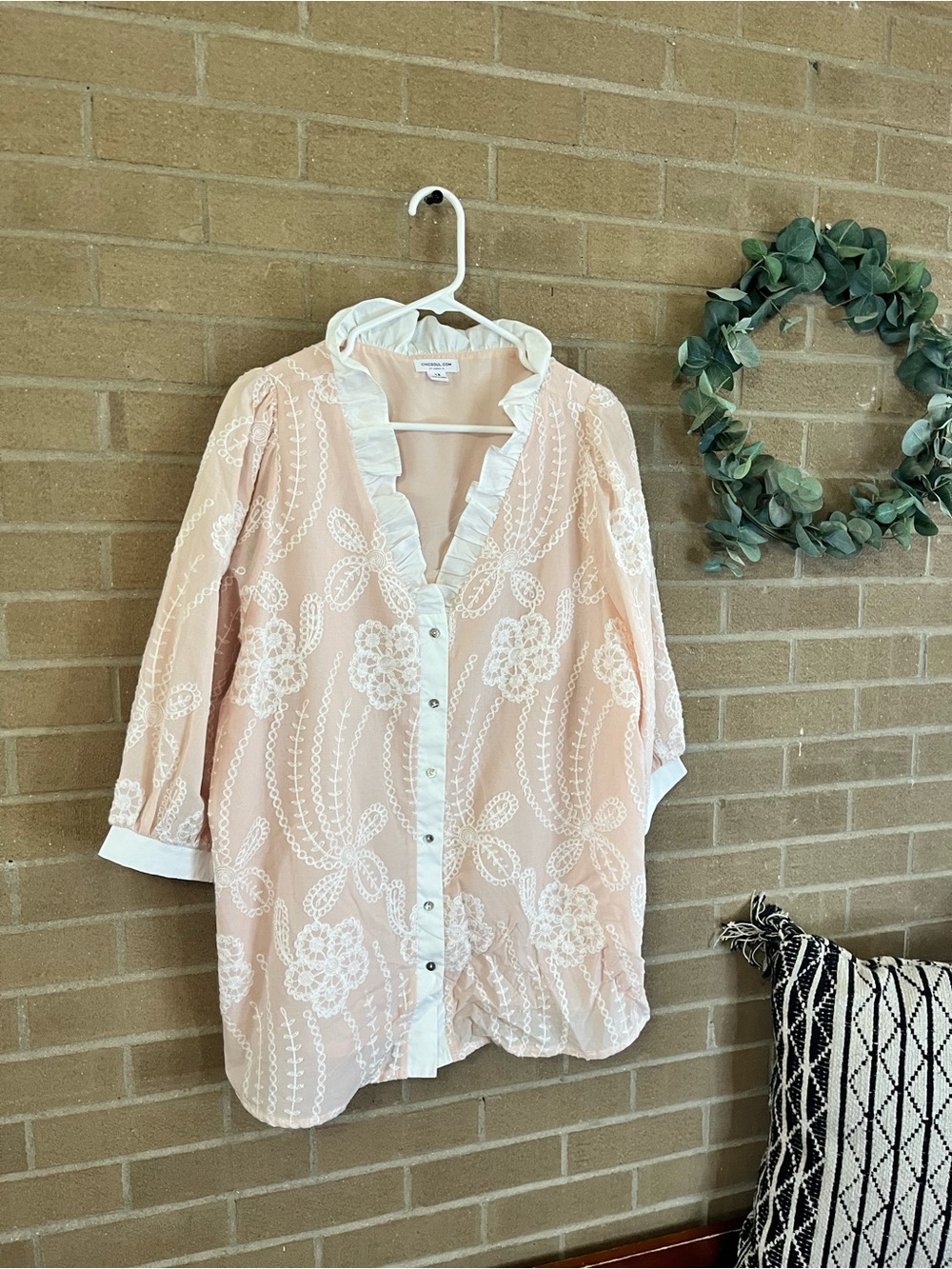 Chic Soul Pale Pink Embroidered Ruffle-Trim Button Front Blouse - Picture 3 of 4